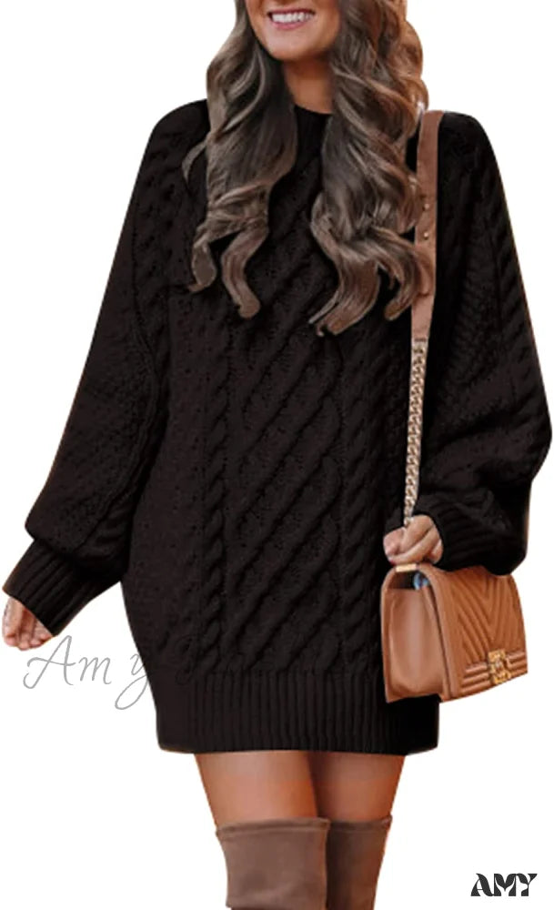 Amy Fashion - Women’s Crewneck Long Sleeve Cable Knit Sweater Dress Black / Large