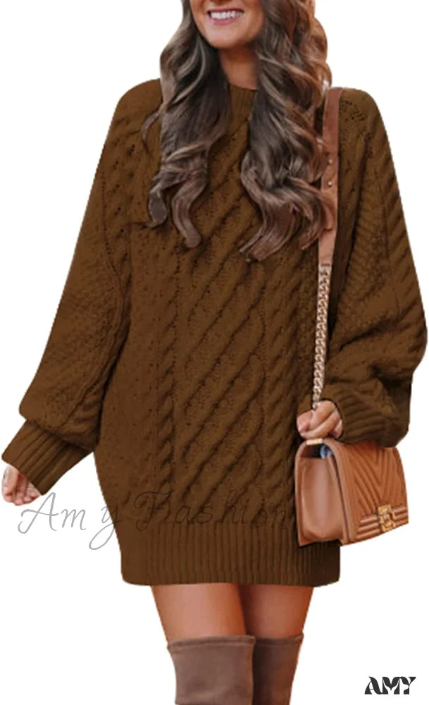 Amy Fashion - Women’s Crewneck Long Sleeve Cable Knit Sweater Dress Brown / X-Large