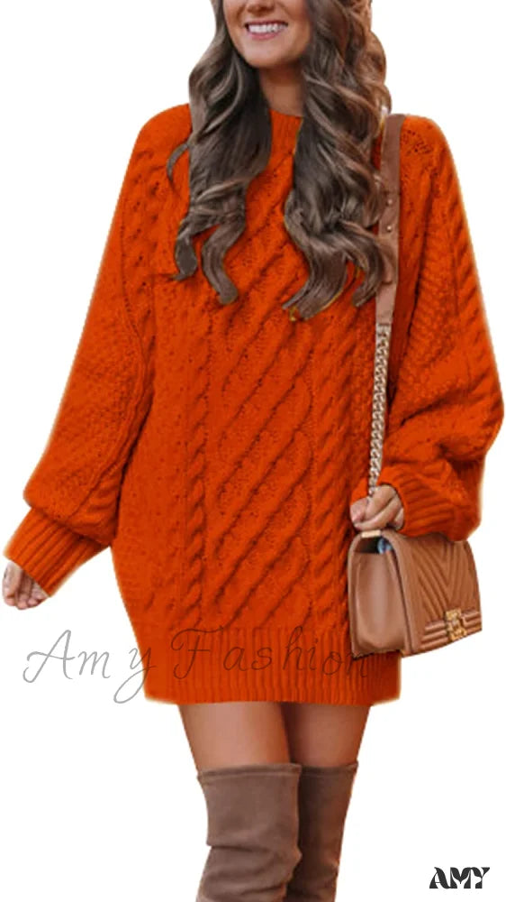 Amy Fashion - Women’s Crewneck Long Sleeve Cable Knit Sweater Dress Orange / Small