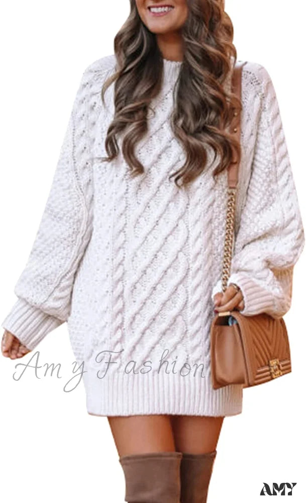 Amy Fashion - Women’s Crewneck Long Sleeve Cable Knit Sweater Dress White / Small