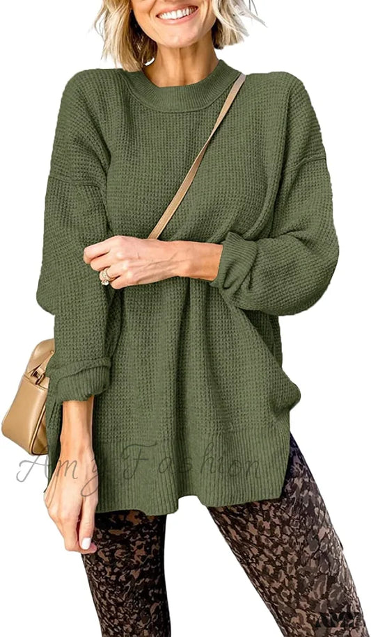 Amy Fashion - Womens Fall Sweater Crew Neck Long Sleeve Pullover Sweaters Army Green / X-Large