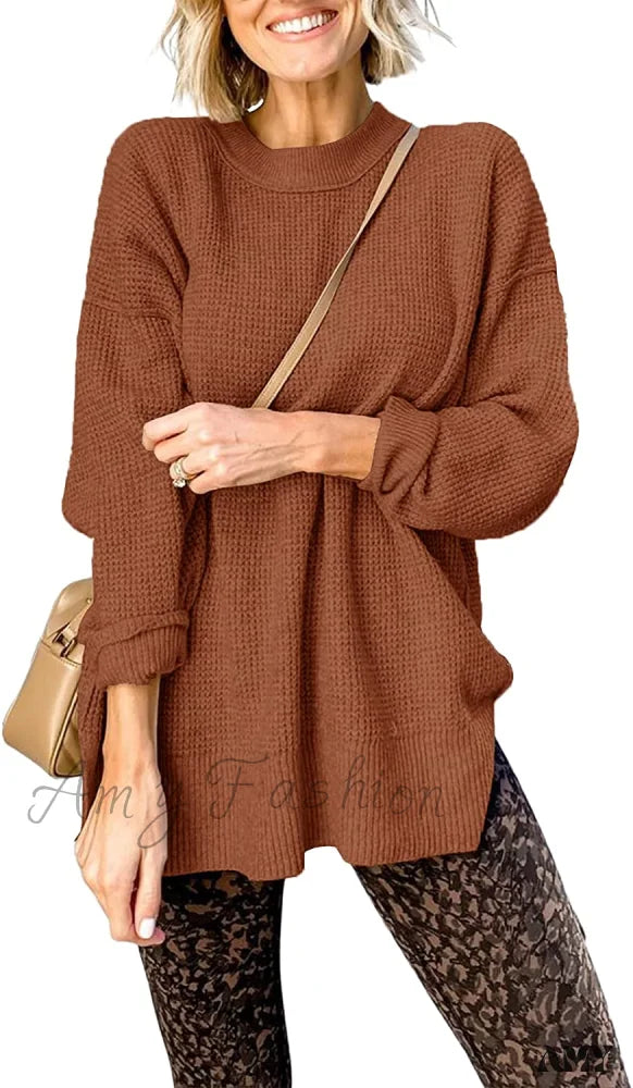 Amy Fashion - Womens Fall Sweater Crew Neck Long Sleeve Pullover Sweaters Brown / Medium