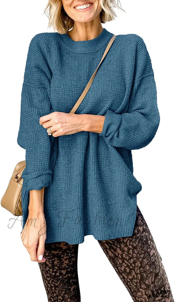 Amy Fashion - Womens Fall Sweater Crew Neck Long Sleeve Pullover Sweaters Navy Blue / Medium