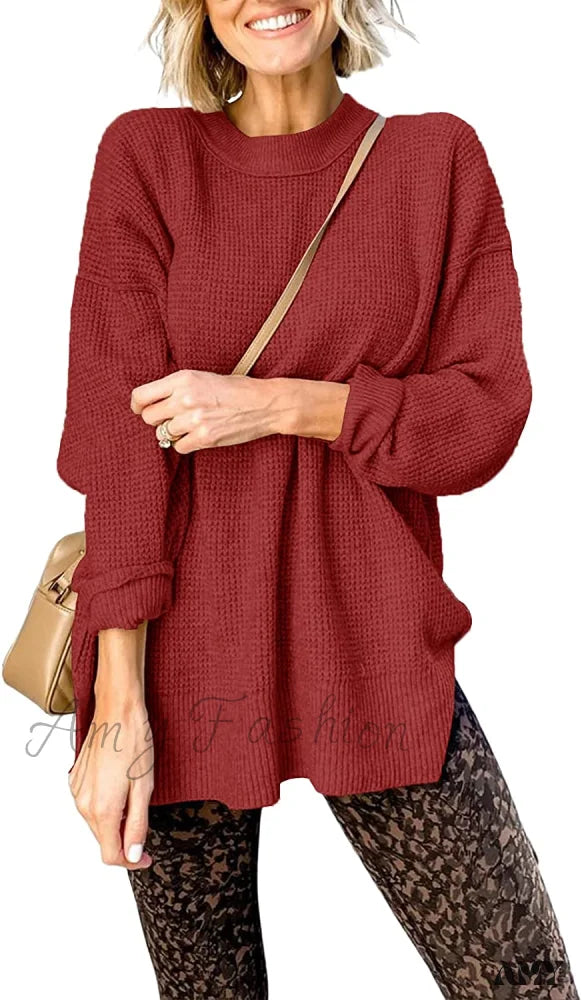 Amy Fashion - Womens Fall Sweater Crew Neck Long Sleeve Pullover Sweaters Red Wine / X-Large