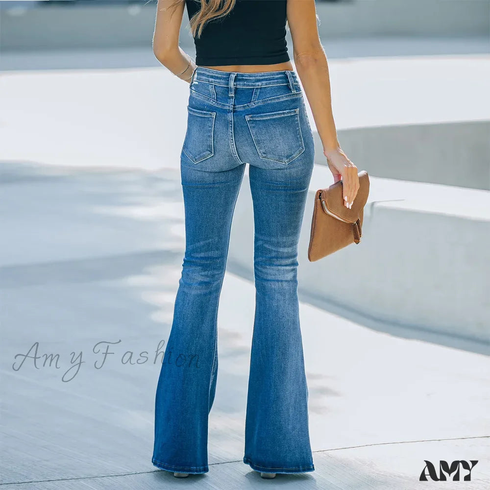 Amy Fashion - Women’s Flared Patchwork Vintage Stretch High Waist Casual Slim Streetwear Wide Leg