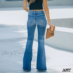 Amy Fashion - Women’s Flared Patchwork Vintage Stretch High Waist Casual Slim Streetwear Wide Leg