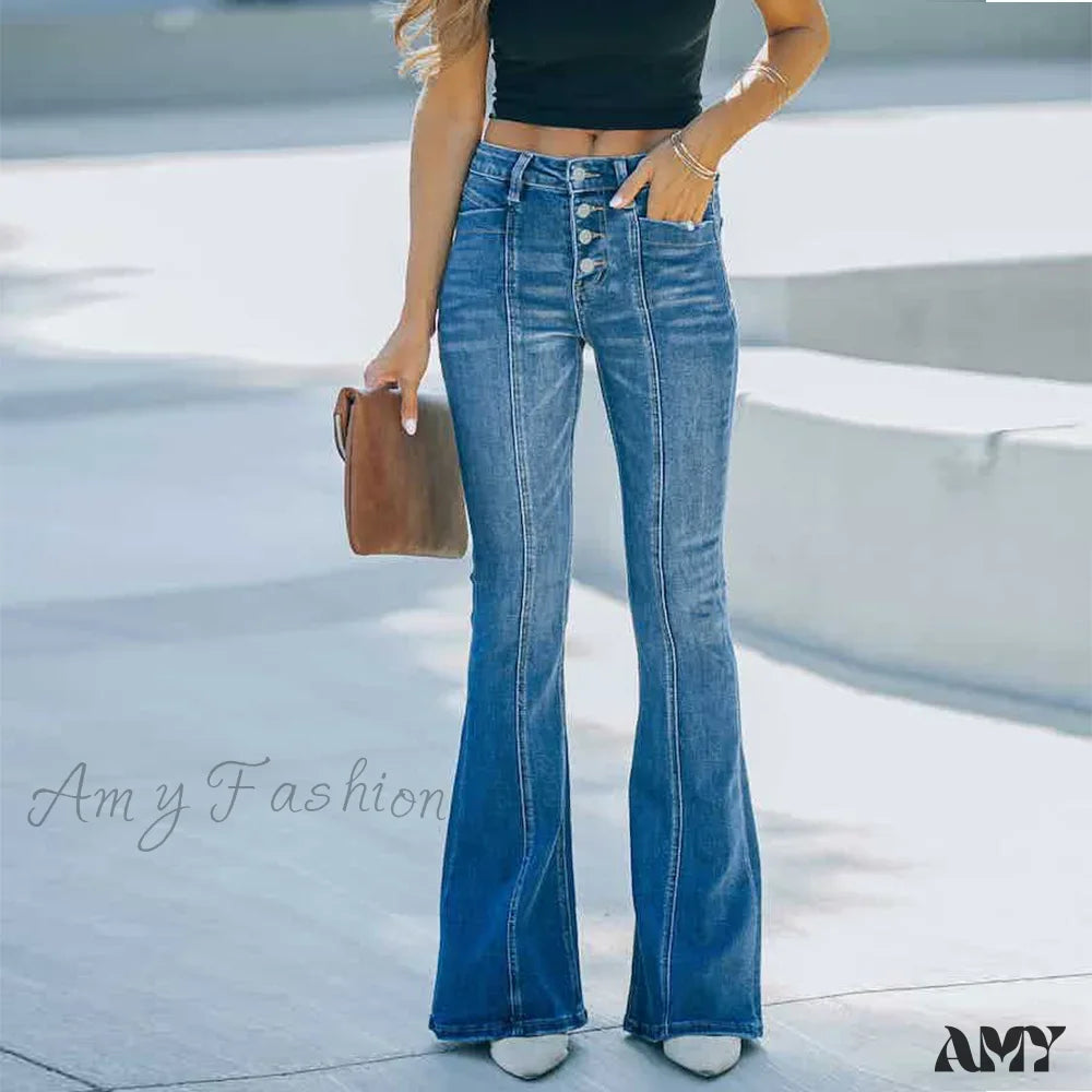 Amy Fashion - Women’s Flared Patchwork Vintage Stretch High Waist Casual Slim Streetwear Wide Leg