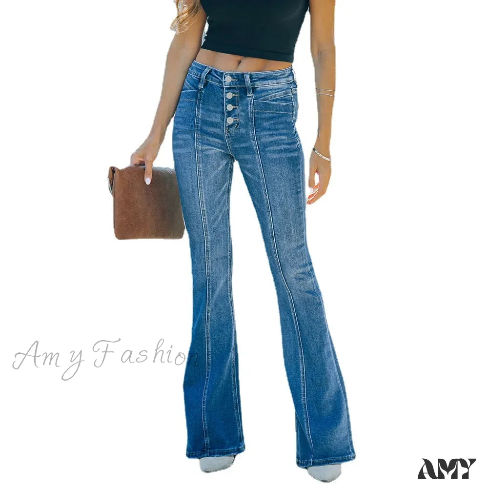 Amy Fashion - Women’s Flared Patchwork Vintage Stretch High Waist Casual Slim Streetwear Wide Leg