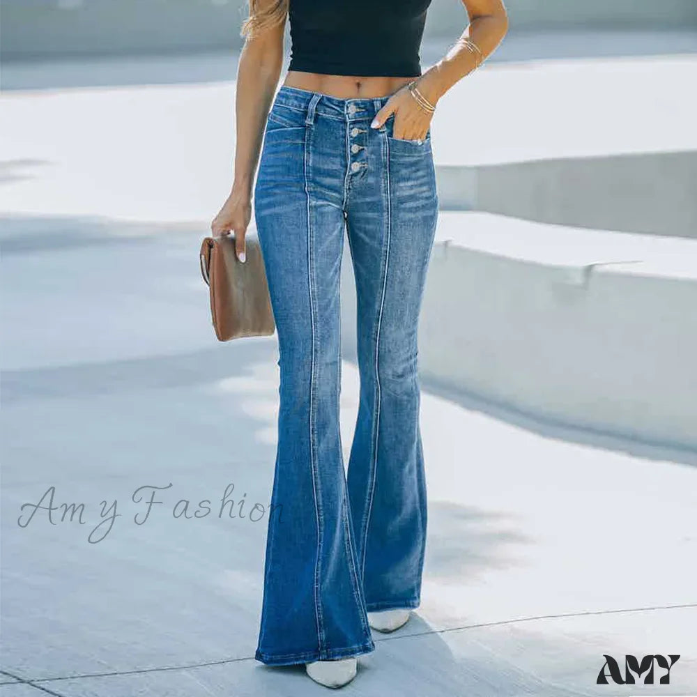 Amy Fashion - Women’s Flared Patchwork Vintage Stretch High Waist Casual Slim Streetwear Wide Leg