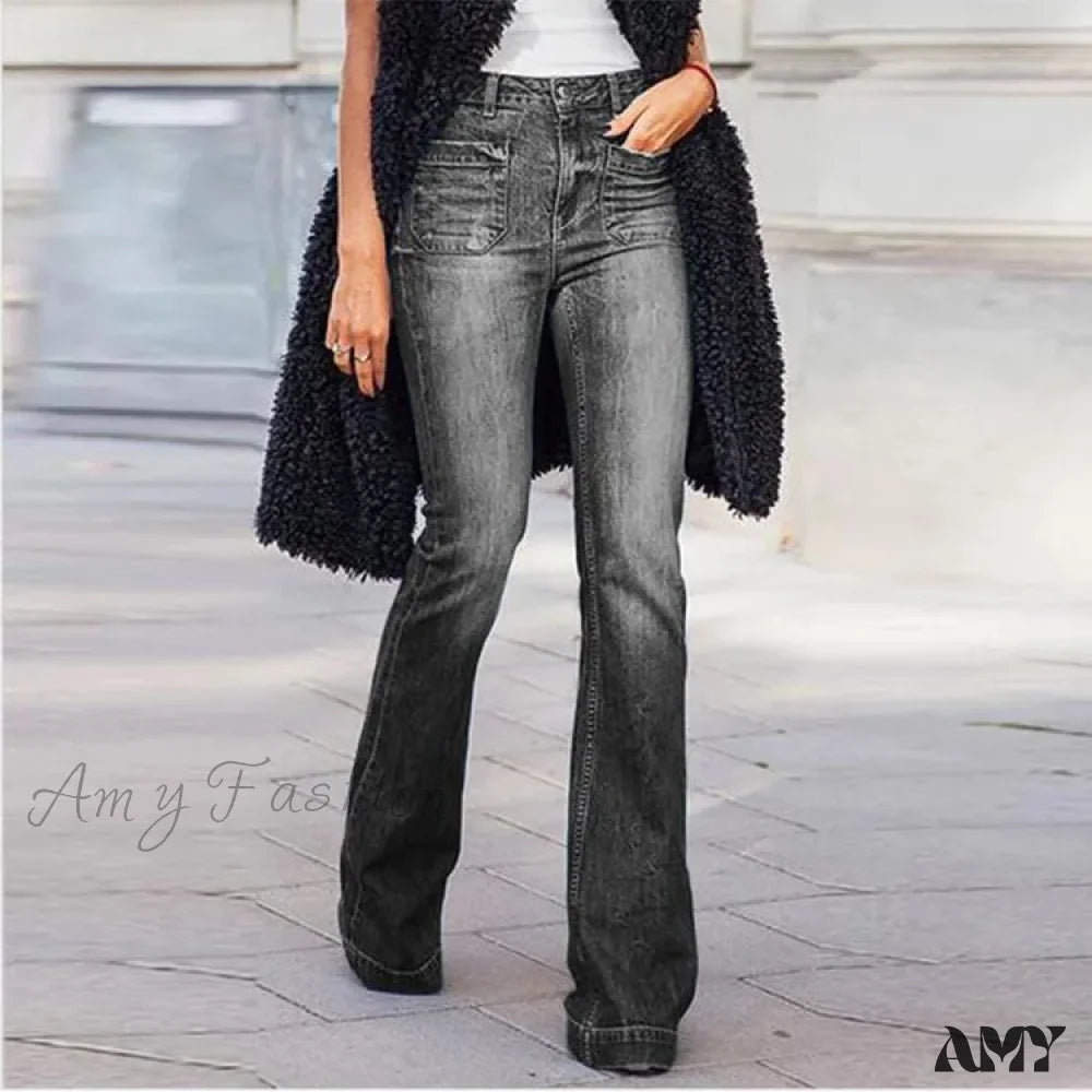 Amy Fashion - Women’s Flared Stretch High Waist Vintage Casual Full Length Slim Streetwear Wide