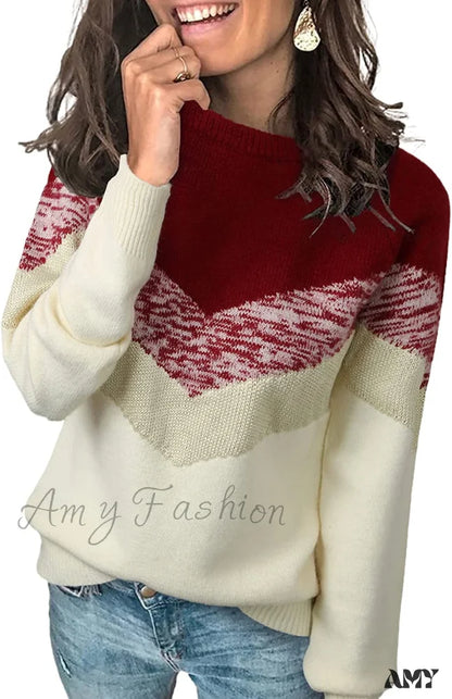 Amy Fashion - Womens Long Sleeve Crewneck Pullover Knit Jumper Tops B Red / Small