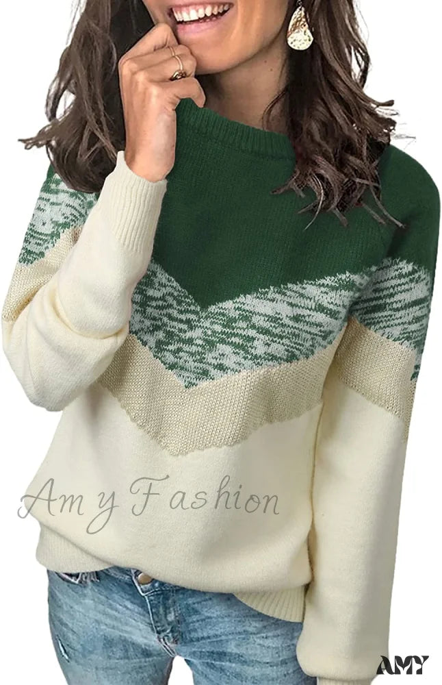 Amy Fashion - Womens Long Sleeve Crewneck Pullover Knit Jumper Tops B1 Green / Large