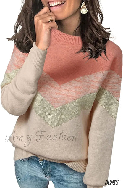 Amy Fashion - Womens Long Sleeve Crewneck Pullover Knit Jumper Tops B1 Pink / Small