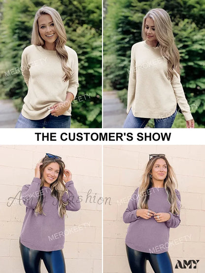 Amy Fashion - Women’s Long Sleeve Oversized Crew Neck Knit Pullover