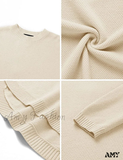 Amy Fashion - Women’s Long Sleeve Oversized Crew Neck Knit Pullover