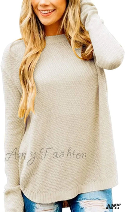 Amy Fashion - Women’s Long Sleeve Oversized Crew Neck Knit Pullover Beige / X-Large