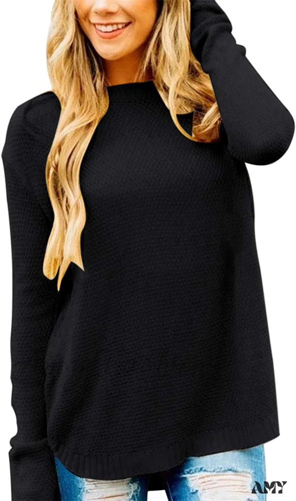 Amy Fashion - Women’s Long Sleeve Oversized Crew Neck Knit Pullover Black / Xx-Large