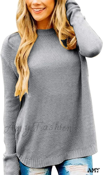 Amy Fashion - Women’s Long Sleeve Oversized Crew Neck Knit Pullover Grey / Large