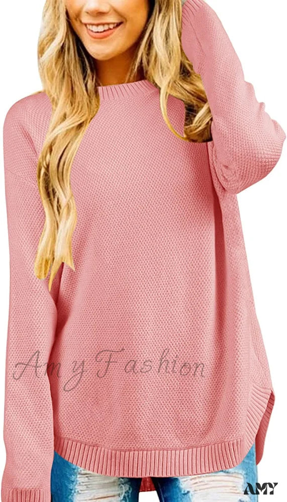 Amy Fashion - Women’s Long Sleeve Oversized Crew Neck Knit Pullover Pink / Medium