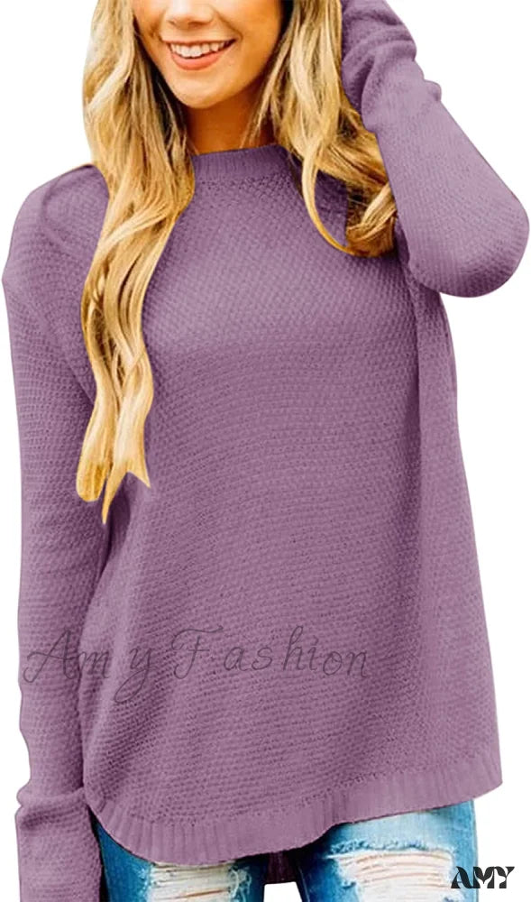 Amy Fashion - Women’s Long Sleeve Oversized Crew Neck Knit Pullover Purple / X-Large