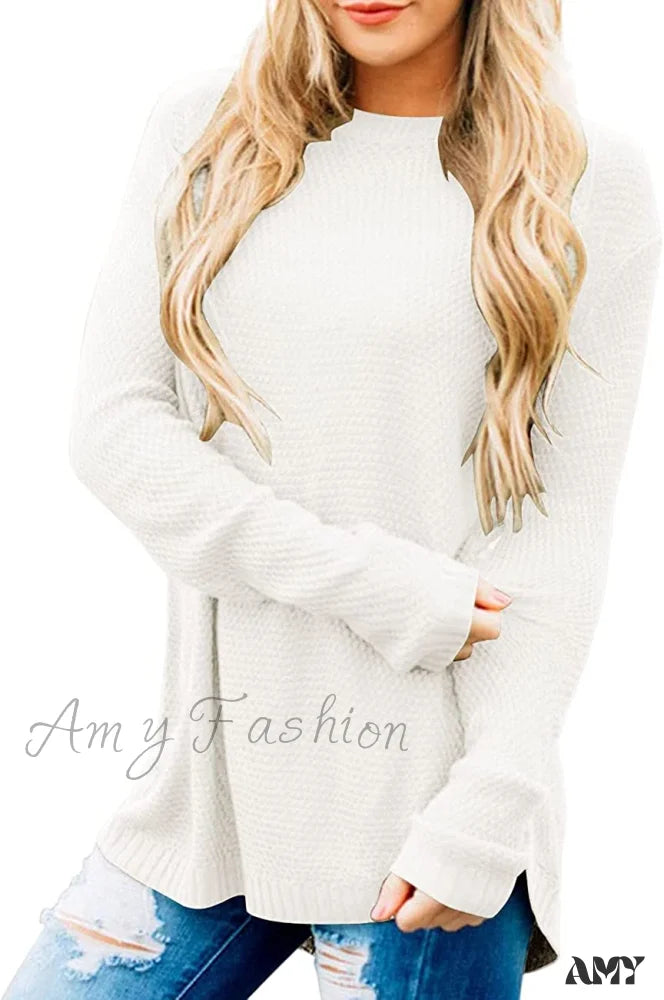 Amy Fashion - Women’s Long Sleeve Oversized Crew Neck Knit Pullover White / X-Large