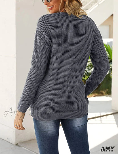 Amy Fashion - Women’s Long Sleeve Waffle Knit Crew Neck Solid Color Sweater