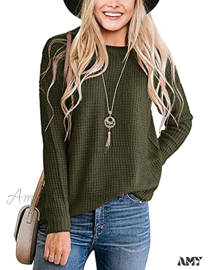 Amy Fashion - Women’s Long Sleeve Waffle Knit Crew Neck Solid Color Sweater