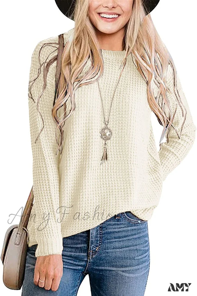 Amy Fashion - Women’s Long Sleeve Waffle Knit Crew Neck Solid Color Sweater Beige / X-Large