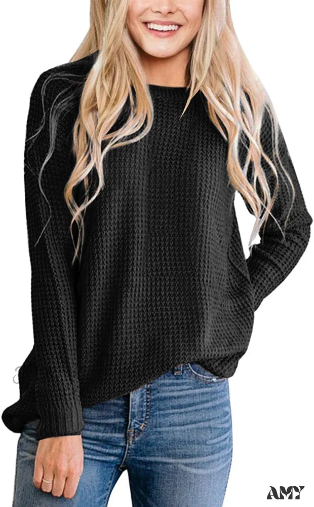 Amy Fashion - Women’s Long Sleeve Waffle Knit Crew Neck Solid Color Sweater Black / X-Large