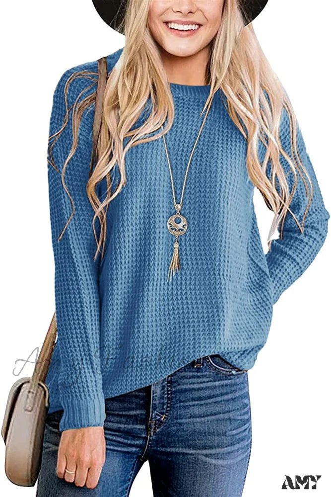 Amy Fashion - Women’s Long Sleeve Waffle Knit Crew Neck Solid Color Sweater Blue / X-Large