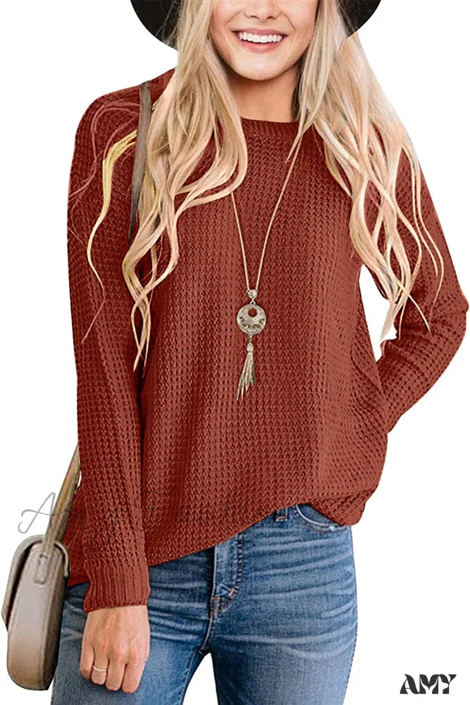 Amy Fashion - Women’s Long Sleeve Waffle Knit Crew Neck Solid Color Sweater Brown / Small