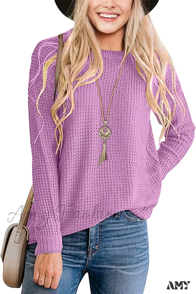 Amy Fashion - Women’s Long Sleeve Waffle Knit Crew Neck Solid Color Sweater Purple / Small