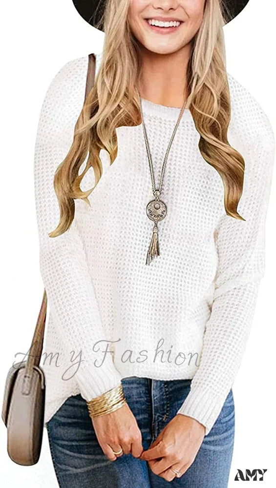 Amy Fashion - Women’s Long Sleeve Waffle Knit Crew Neck Solid Color Sweater White / Large