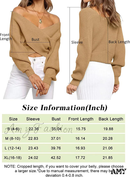 Amy Fashion - Women’s Long Sleeve Wrap Casual Off Shoulder Crop Knitted Pullover Sweater