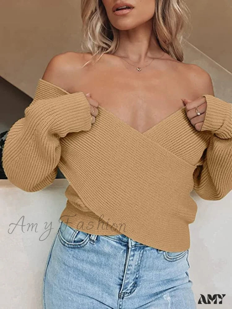 Amy Fashion - Women’s Long Sleeve Wrap Casual Off Shoulder Crop Knitted Pullover Sweater