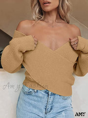 Amy Fashion - Women’s Long Sleeve Wrap Casual Off Shoulder Crop Knitted Pullover Sweater