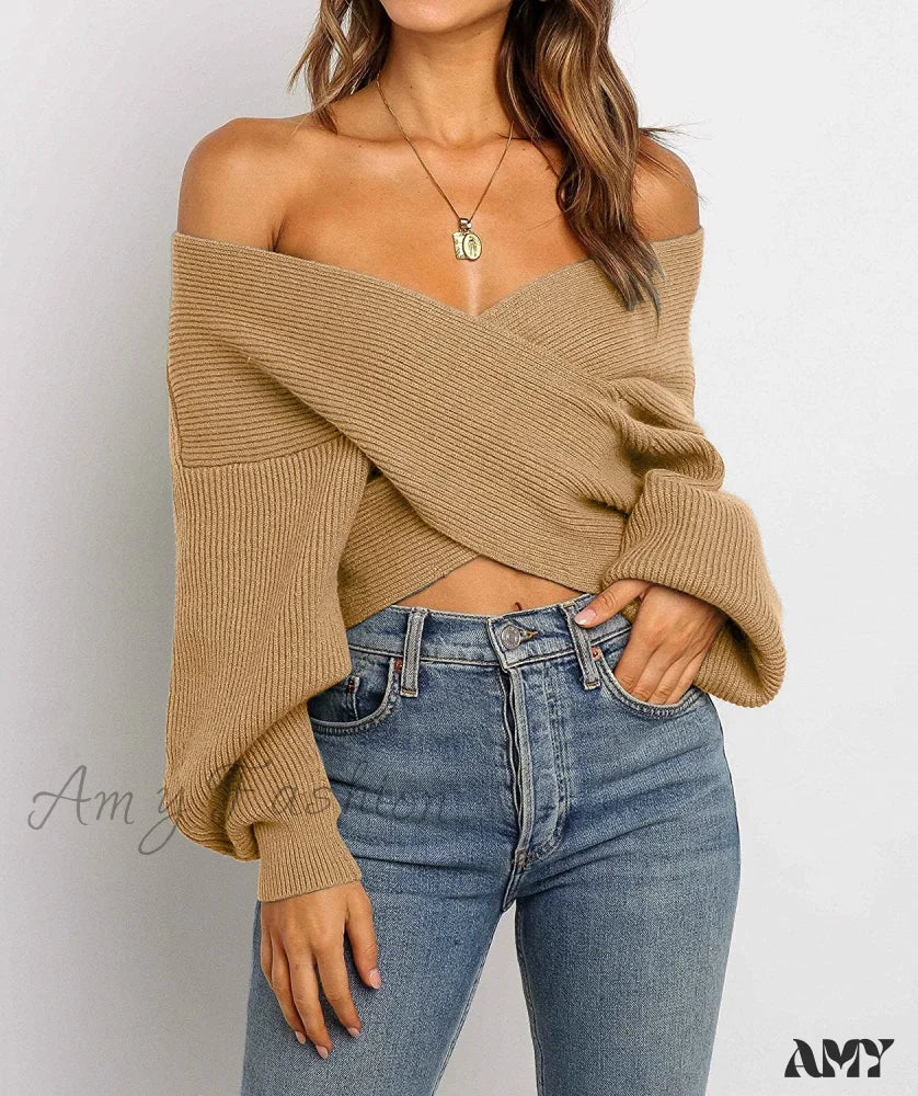 Amy Fashion - Women’s Long Sleeve Wrap Casual Off Shoulder Crop Knitted Pullover Sweater