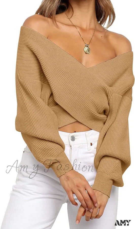 Amy Fashion - Women’s Long Sleeve Wrap Casual Off Shoulder Crop Knitted Pullover Sweater