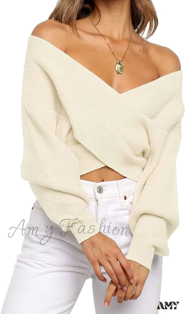 Amy Fashion - Women’s Long Sleeve Wrap Casual Off Shoulder Crop Knitted Pullover Sweater Beige /