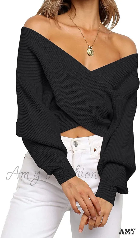 Amy Fashion - Women’s Long Sleeve Wrap Casual Off Shoulder Crop Knitted Pullover Sweater Black /