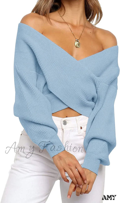 Amy Fashion - Women’s Long Sleeve Wrap Casual Off Shoulder Crop Knitted Pullover Sweater Blue /