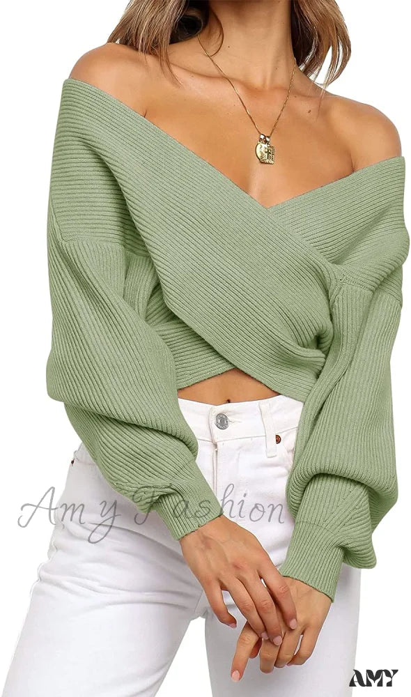 Amy Fashion - Women’s Long Sleeve Wrap Casual Off Shoulder Crop Knitted Pullover Sweater Green /