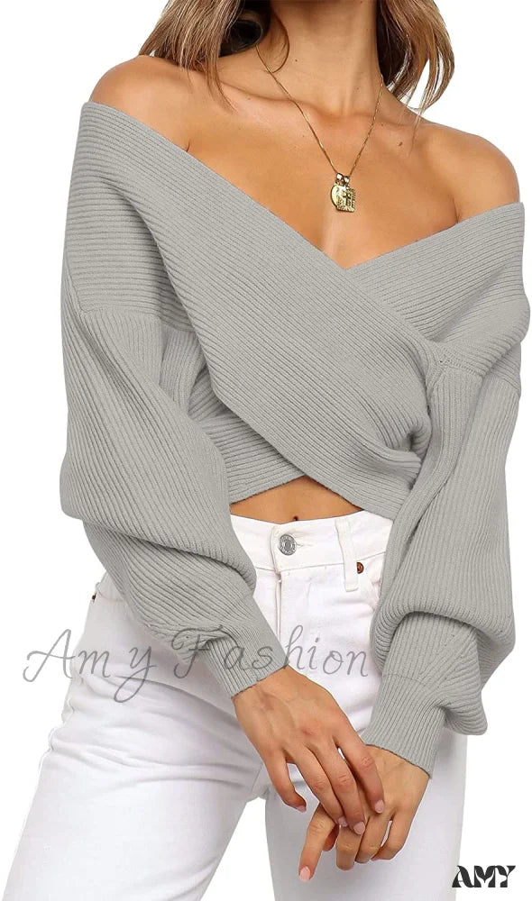 Amy Fashion - Women’s Long Sleeve Wrap Casual Off Shoulder Crop Knitted Pullover Sweater Grey /