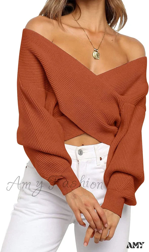 Amy Fashion - Women’s Long Sleeve Wrap Casual Off Shoulder Crop Knitted Pullover Sweater Orange /