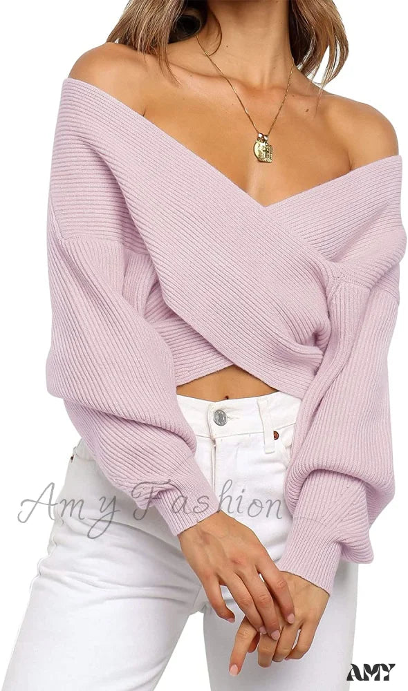 Amy Fashion - Women’s Long Sleeve Wrap Casual Off Shoulder Crop Knitted Pullover Sweater Pink /