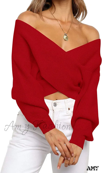 Amy Fashion - Women’s Long Sleeve Wrap Casual Off Shoulder Crop Knitted Pullover Sweater Red /