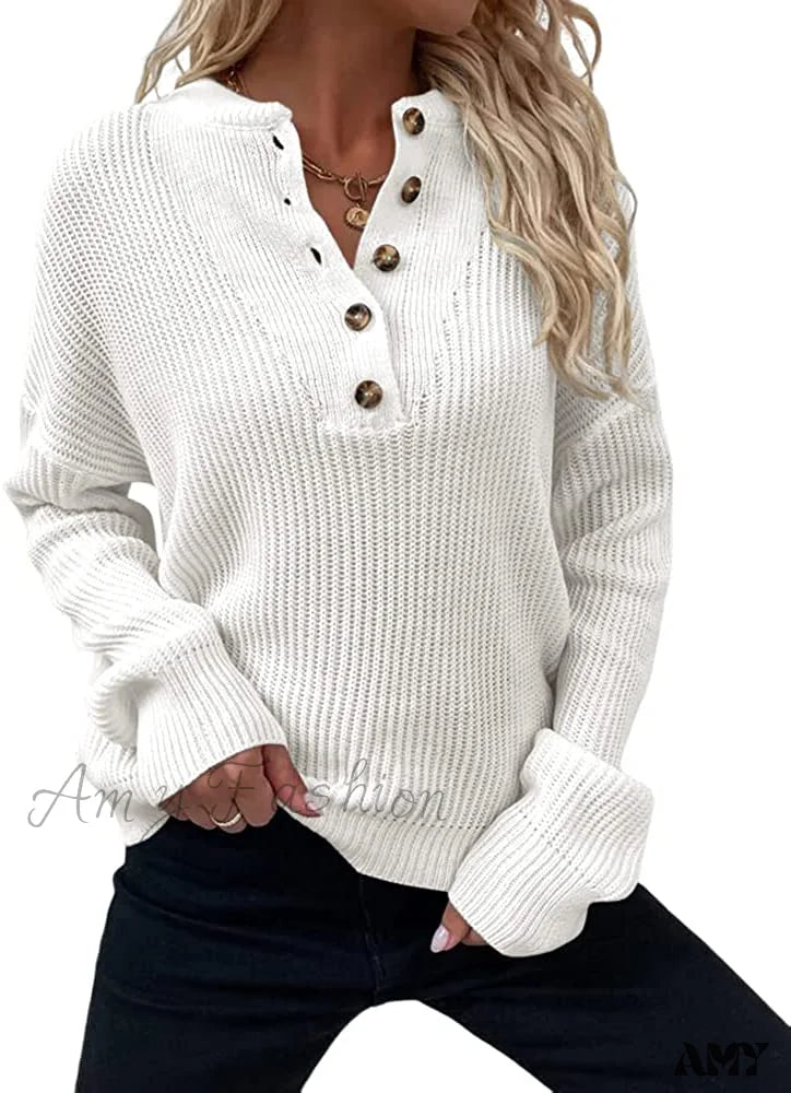 Amy Fashion - Women’s Loose Button V Neck Long Sleeve Sweater