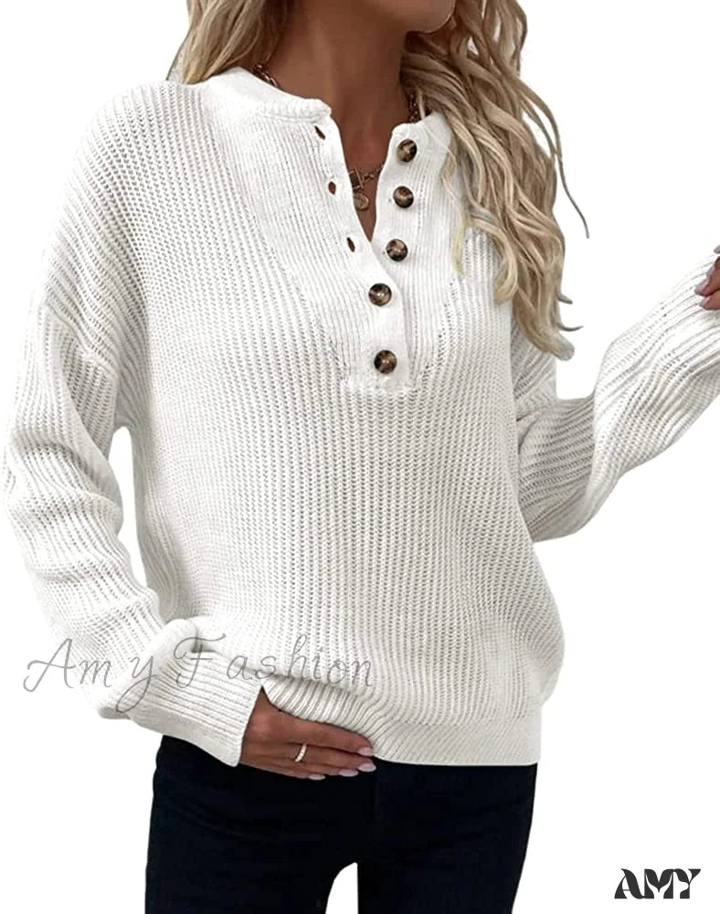 Amy Fashion - Women’s Loose Button V Neck Long Sleeve Sweater