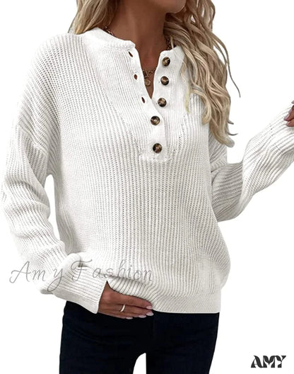 Amy Fashion - Women’s Loose Button V Neck Long Sleeve Sweater