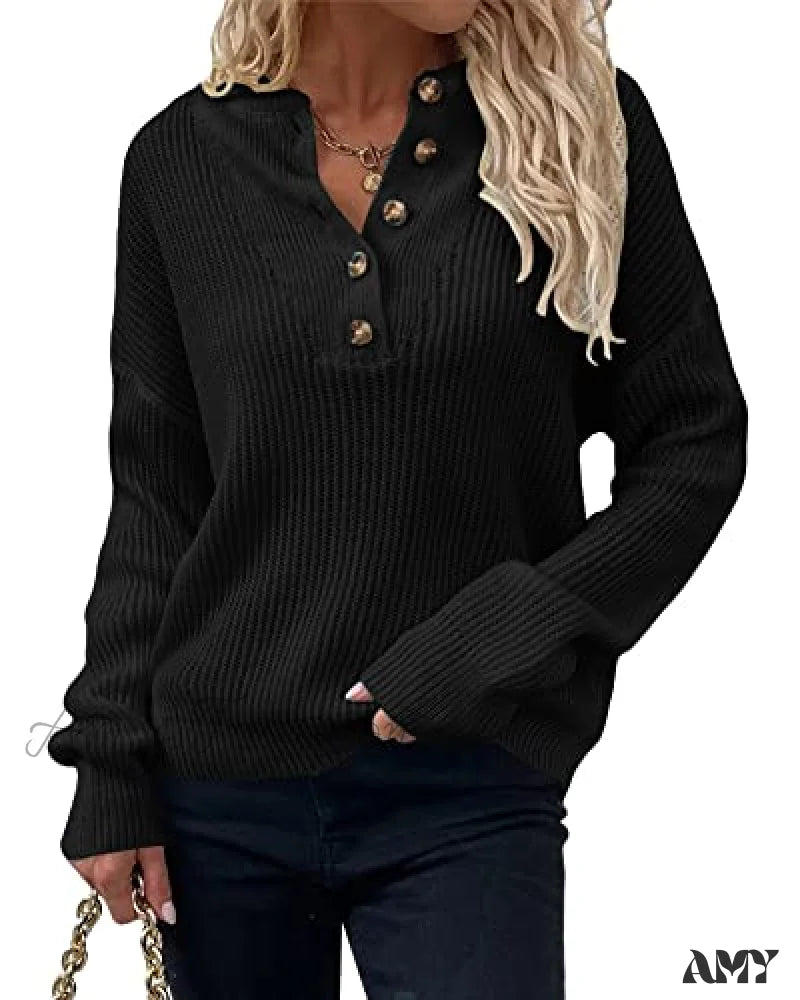 Amy Fashion - Women’s Loose Button V Neck Long Sleeve Sweater